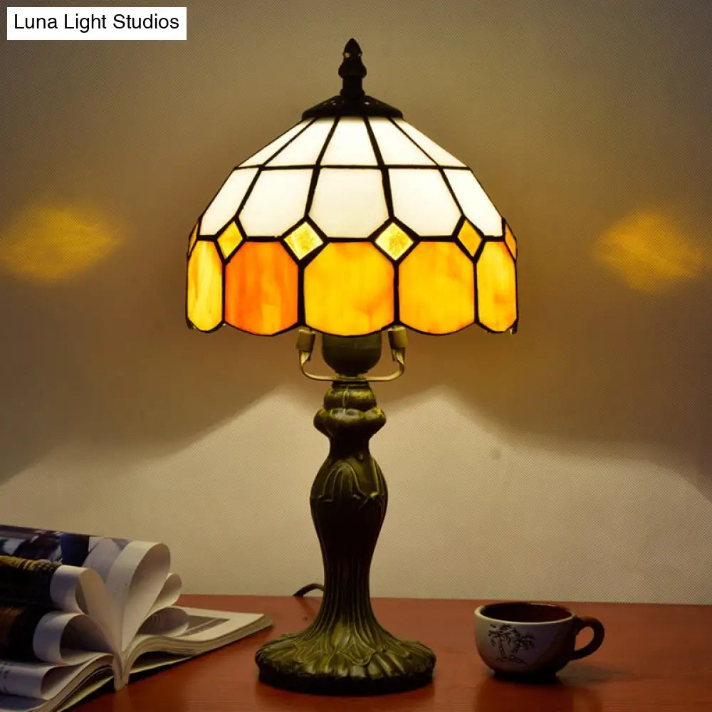 Yellow Single-Bulb Nightstand Lamp With Classic Gridded Glass Design - Perfect For Living Room