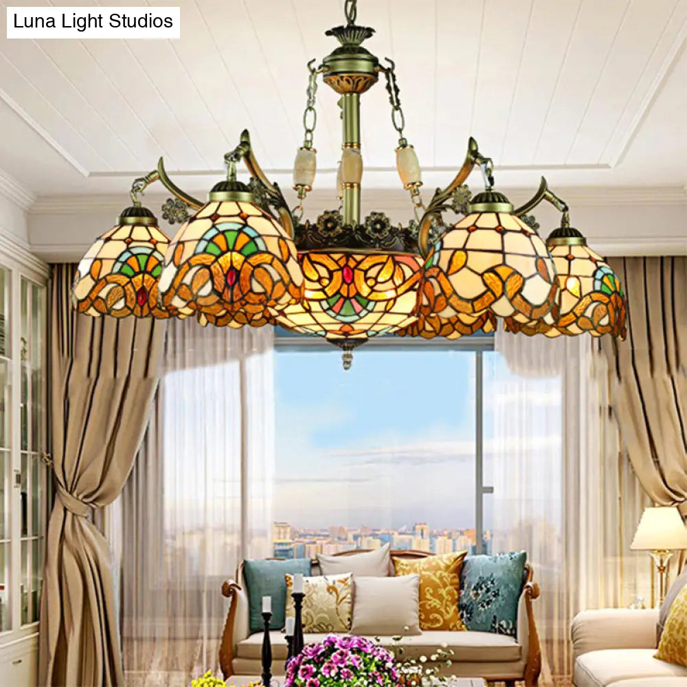 Yellow Stained Glass Chandelier - Elegant 9/11 Lights Victorian Pendant Lighting For Living Room