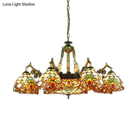 9/11 Lights Victorian Yellow Chandelier Lamp With Stained Glass Shade For Living Room