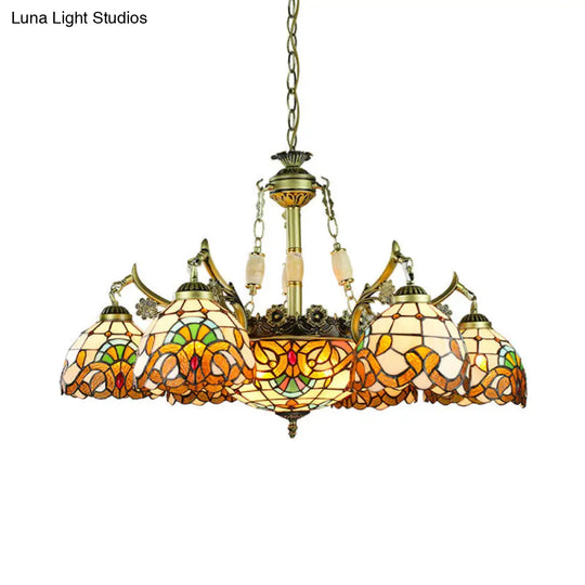 9/11 Lights Victorian Yellow Chandelier Lamp With Stained Glass Shade For Living Room