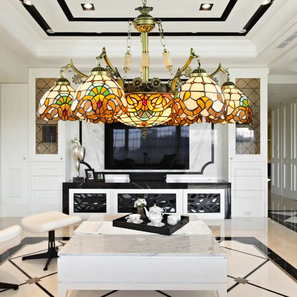 Yellow Stained Glass Chandelier - Elegant 9/11 Lights Victorian Pendant Lighting For Living Room