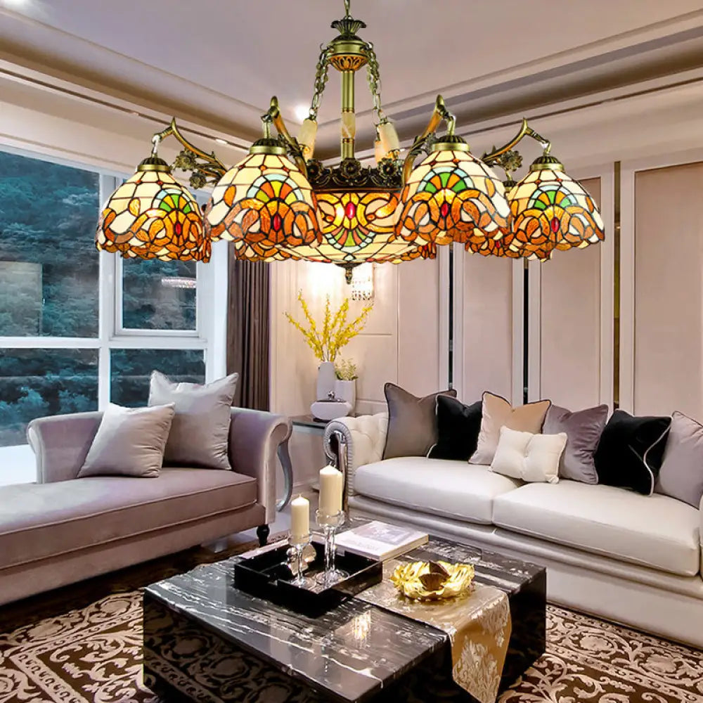 Yellow Stained Glass Chandelier - Elegant 9/11 Lights Victorian Pendant Lighting For Living Room