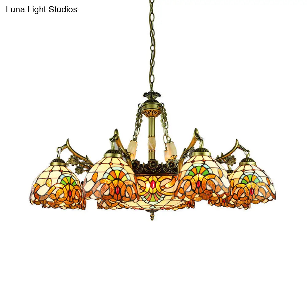 Yellow Stained Glass Chandelier - Elegant 9/11 Lights Victorian Pendant Lighting For Living Room