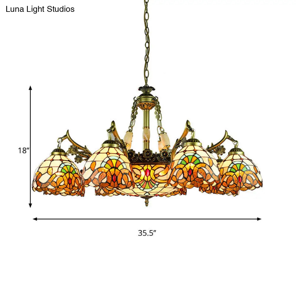 9/11 Lights Victorian Yellow Chandelier Lamp With Stained Glass Shade For Living Room