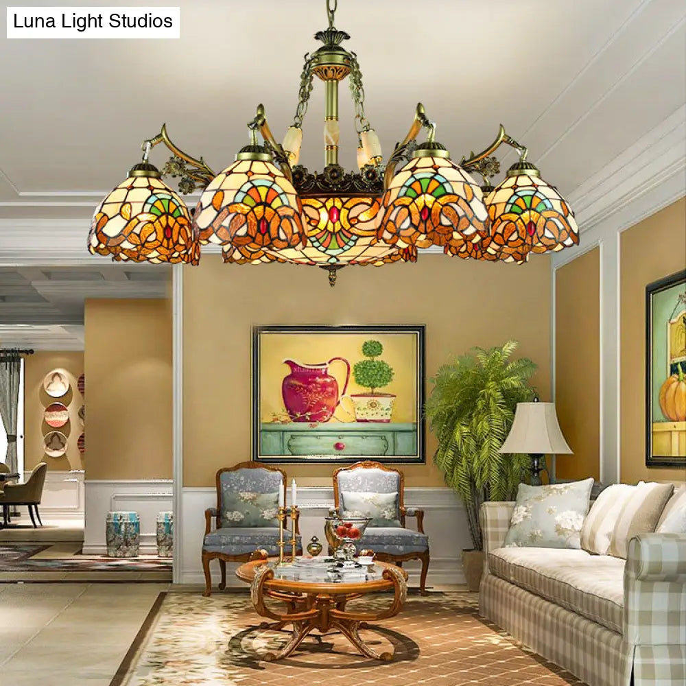 Yellow Stained Glass Chandelier - Elegant 9/11 Lights Victorian Pendant Lighting For Living Room