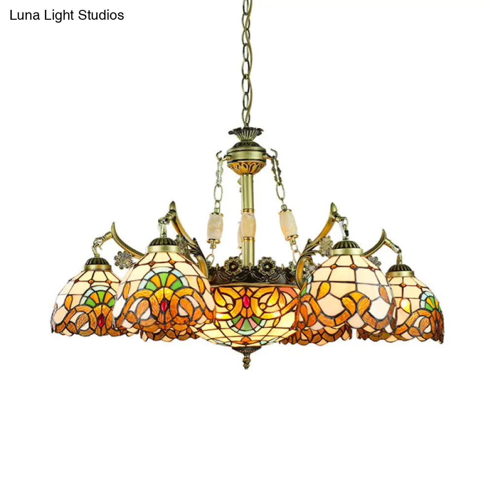 Yellow Stained Glass Chandelier - Elegant 9/11 Lights Victorian Pendant Lighting For Living Room