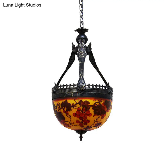 Yellow Stained Glass Mediterranean Flower Chandelier - 3-Light Pendant Lamp 12’/16’ Wide