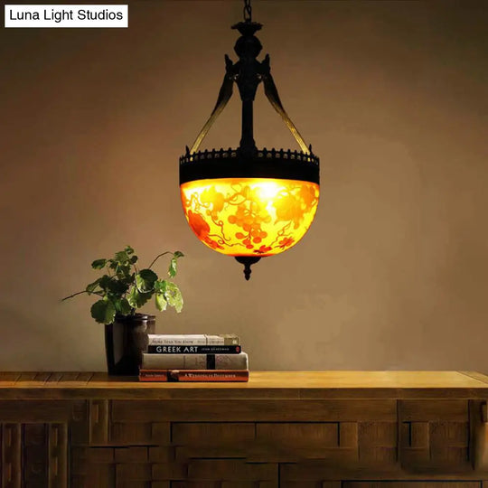 Mediterranean Flower Chandelier 3-Light Stained Glass Pendant Lamp - Yellow (12/16 Width)