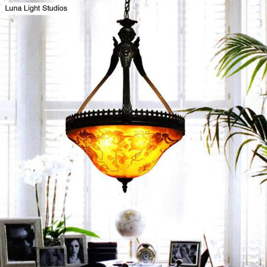 Mediterranean Flower Chandelier 3-Light Stained Glass Pendant Lamp - Yellow (12/16 Width) / 16