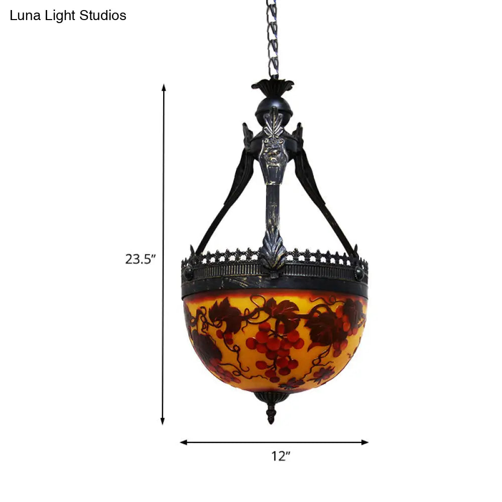 Yellow Stained Glass Mediterranean Flower Chandelier - 3-Light Pendant Lamp 12’/16’ Wide