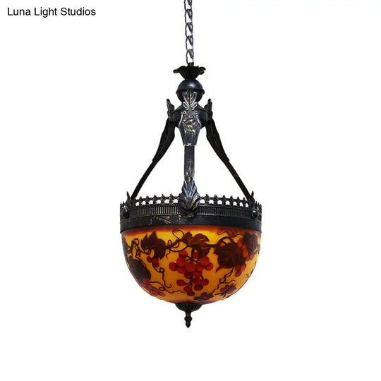 Mediterranean Flower Chandelier 3-Light Stained Glass Pendant Lamp - Yellow (12/16 Width)