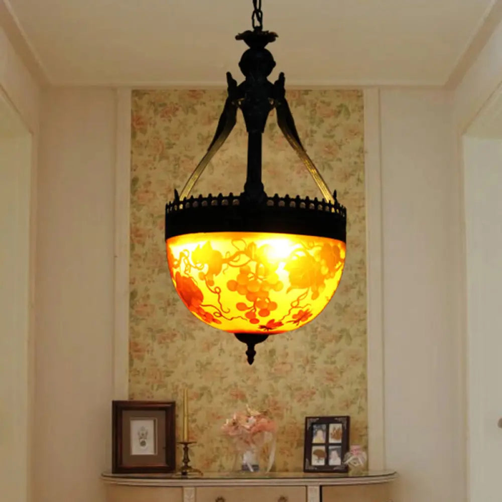 Yellow Stained Glass Mediterranean Flower Chandelier - 3-Light Pendant Lamp 12’/16’ Wide / 12’