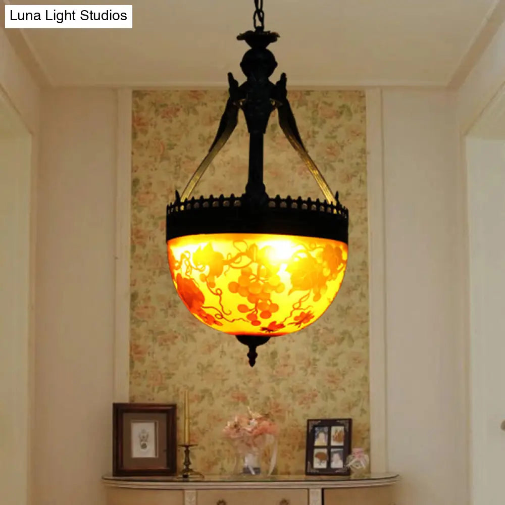 Mediterranean Flower Chandelier 3-Light Stained Glass Pendant Lamp - Yellow (12/16 Width) / 12