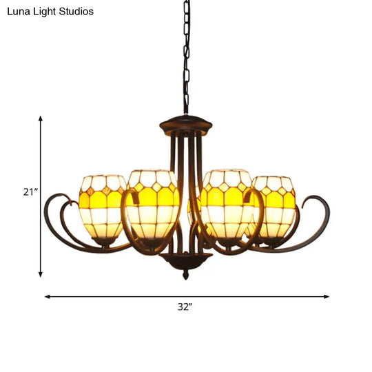 Adjustable Chain Stained Glass Pendant Light - Oval Chandelier Lamp With 6/8 Lights In Yellow For