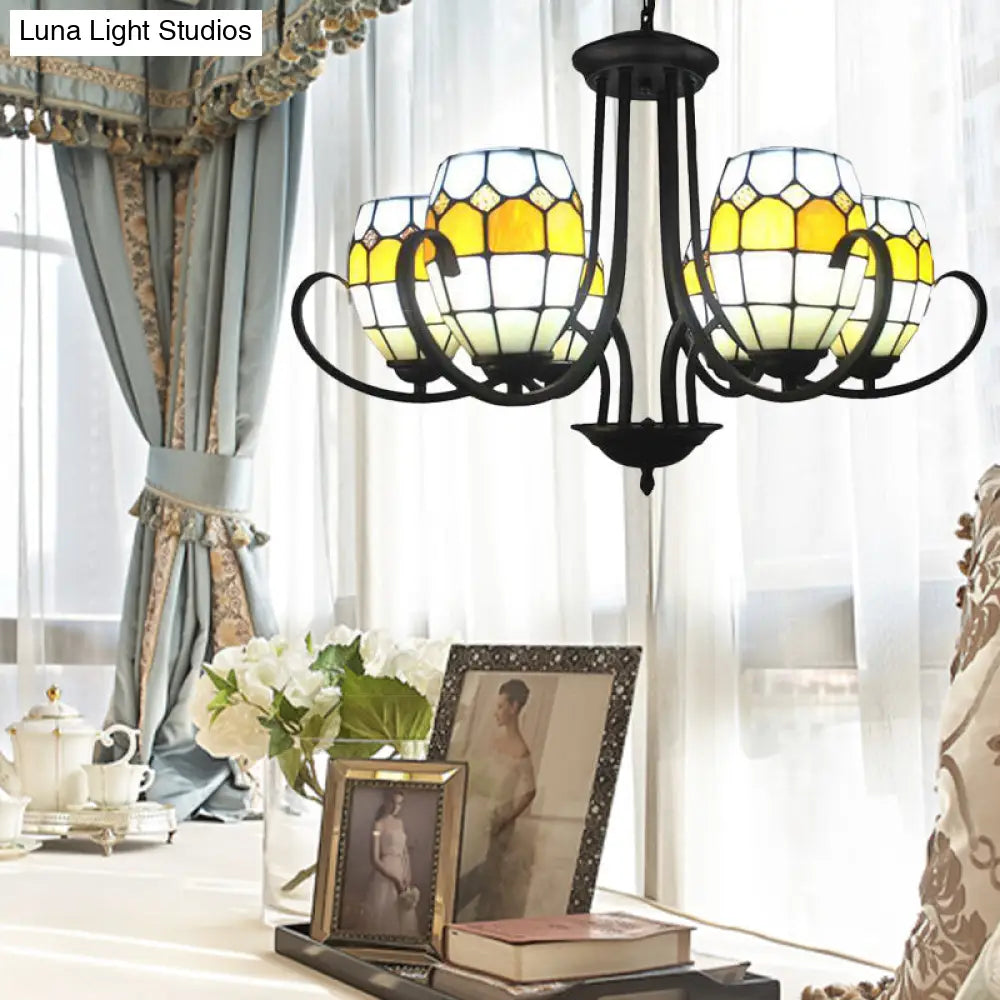 Adjustable Chain Stained Glass Pendant Light - Oval Chandelier Lamp With 6/8 Lights In Yellow For