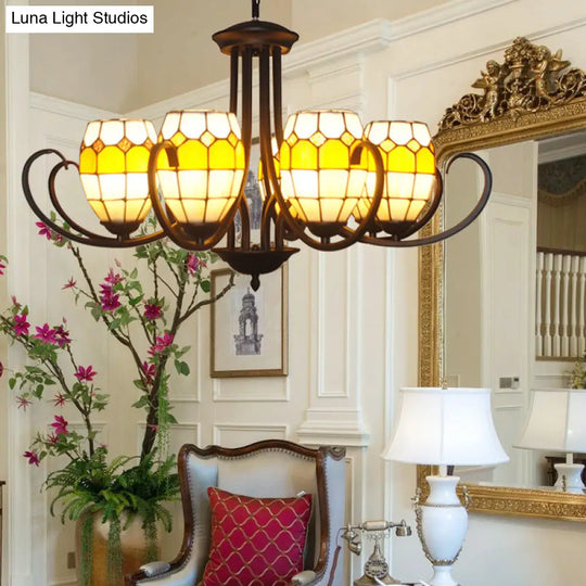 Adjustable Chain Stained Glass Pendant Light - Oval Chandelier Lamp With 6/8 Lights In Yellow For