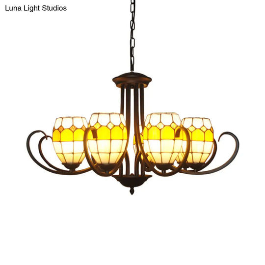 Yellow Stained Glass Oval Chandelier With Adjustable Chain - Ideal For Restaurants (6/8 Lights)