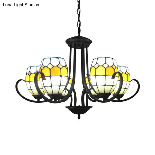 Yellow Stained Glass Oval Chandelier With Adjustable Chain - Ideal For Restaurants (6/8 Lights)