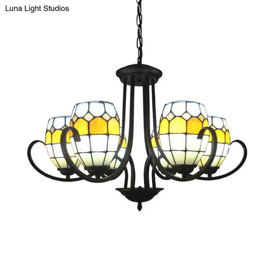 Adjustable Chain Stained Glass Pendant Light - Oval Chandelier Lamp With 6/8 Lights In Yellow For