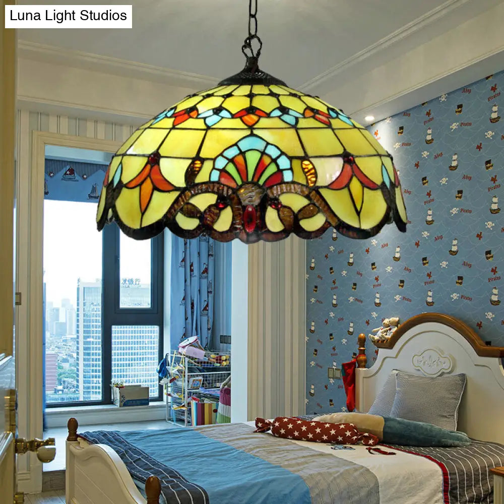 Yellow Stained Glass Lodge Pendant Lamp For Dining Room - 1 Light