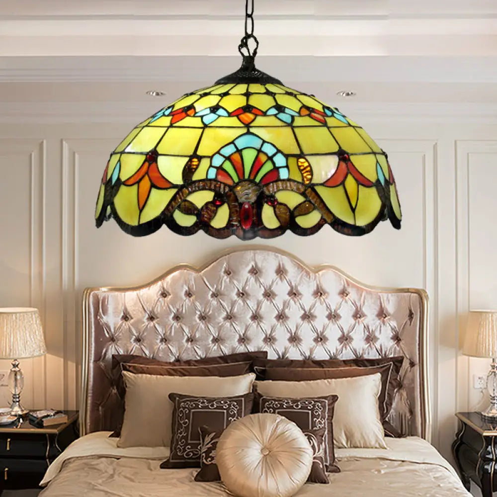 Yellow Stained Glass Pendant Lamp For Dining Room With 1 Light