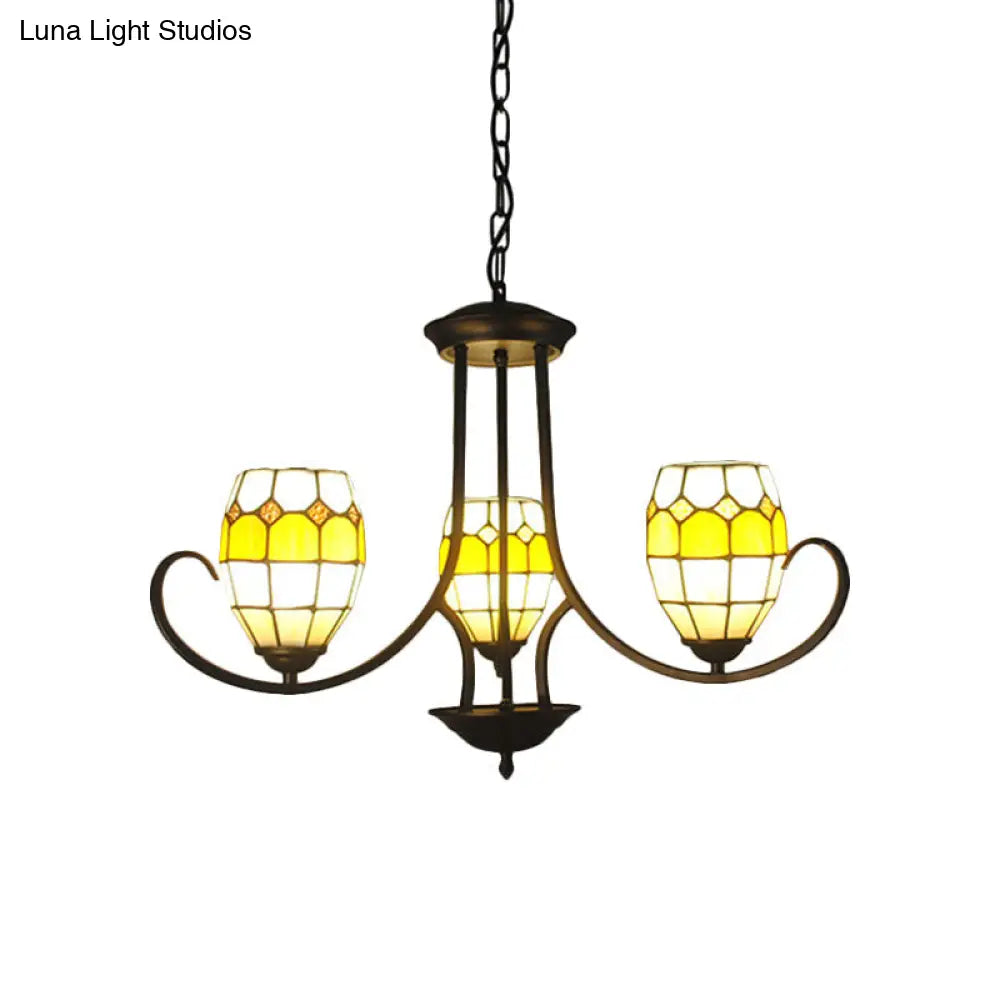 Yellow Stained Glass Tiffany Chandelier - Elegant 3-Light Oval Pendant Light For Bedroom