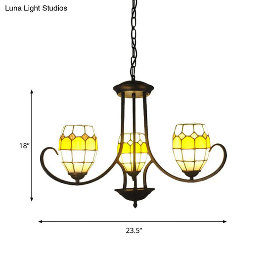 Yellow Stained Glass Tiffany Chandelier - Elegant 3-Light Oval Pendant Light For Bedroom