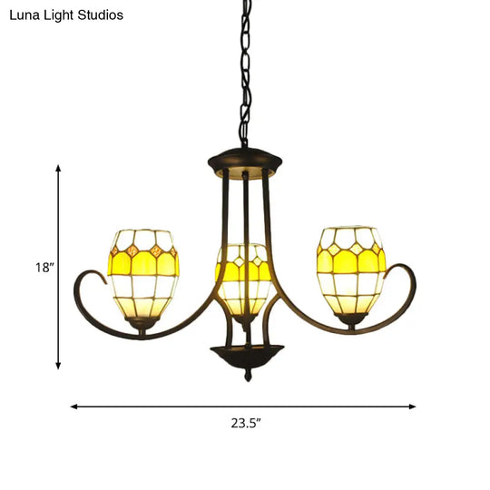 Yellow Stained Glass Tiffany Chandelier With 3 Oval Pendant Lights For Bedroom Lighting