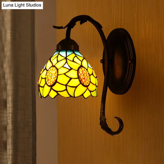 Yellow Sunflower Stained Art Glass Wall Lamp - Mediterranean Sconce With Curved Arm