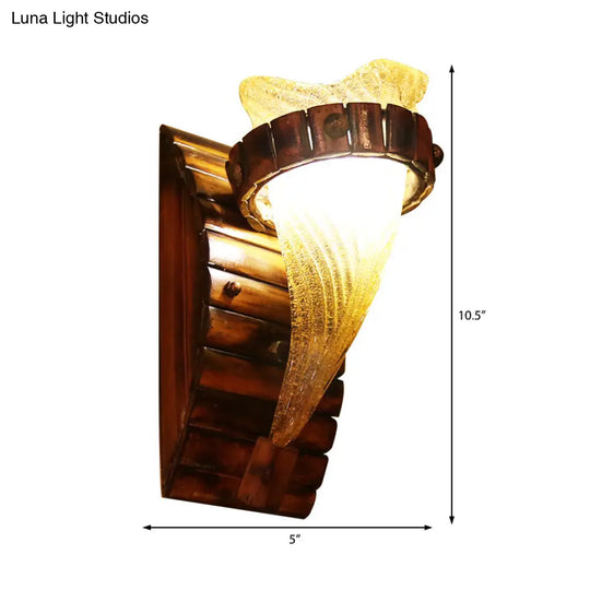 Yellow Textured Glass Wall Sconce Lighting Fixture: Rustic Indoor One-Bulb Floral Design In Bronze