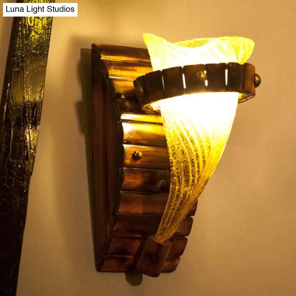 Yellow Textured Glass Wall Sconce Lighting Fixture: Rustic Indoor One-Bulb Floral Design In Bronze