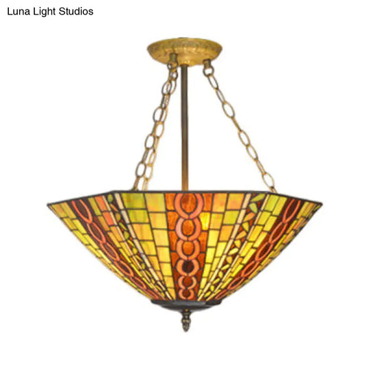 Yellow Antique Tiffany Stained Glass Chandelier - Perfect For Hotels & Homes / Wire Mesh