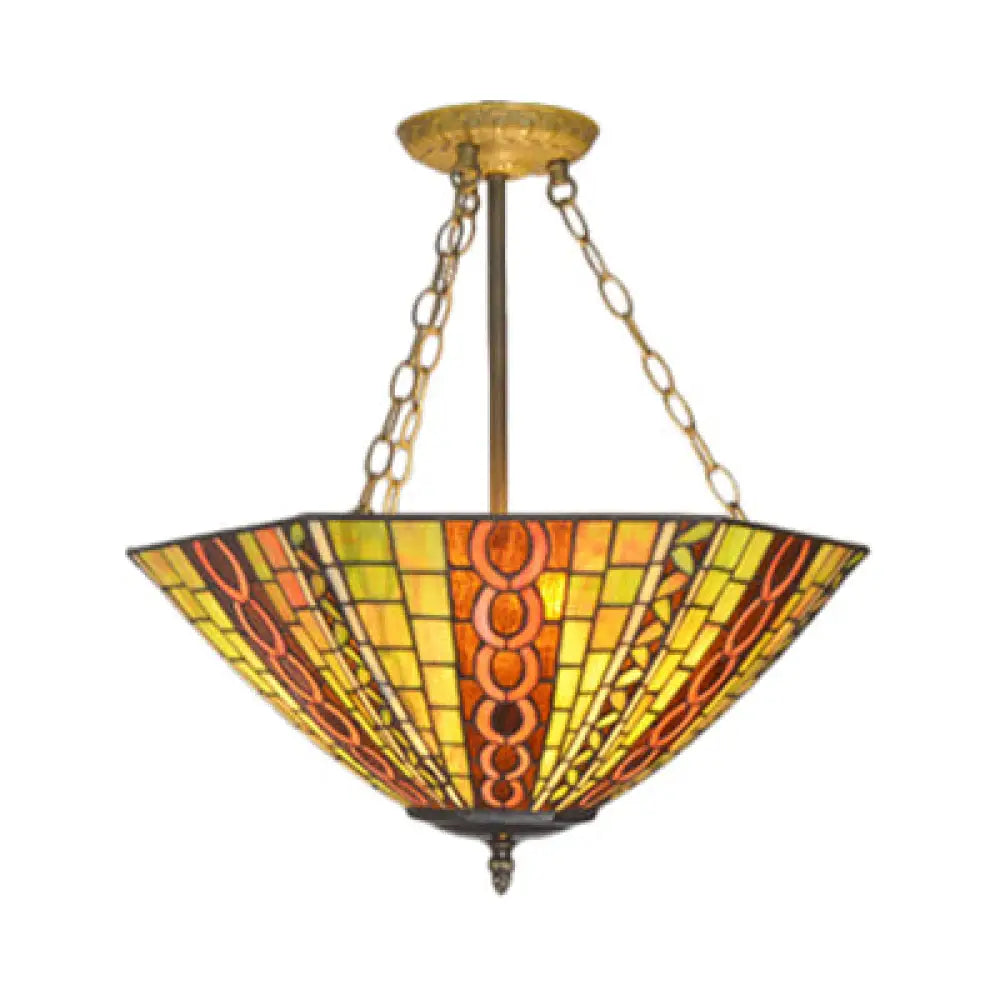 Yellow Tiffany Craftsman Hanging Light For Hotel With Antique Stained Glass Chandelier / Wire Mesh