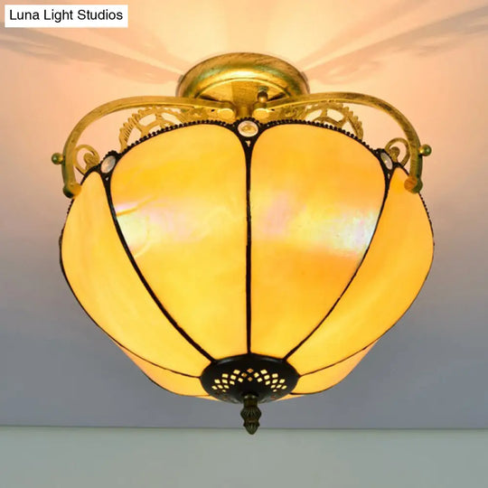 Yellow Tiffany Cut Glass Blossom Ceiling Semi Flush Light Fixture With 2 Lights For Corridor