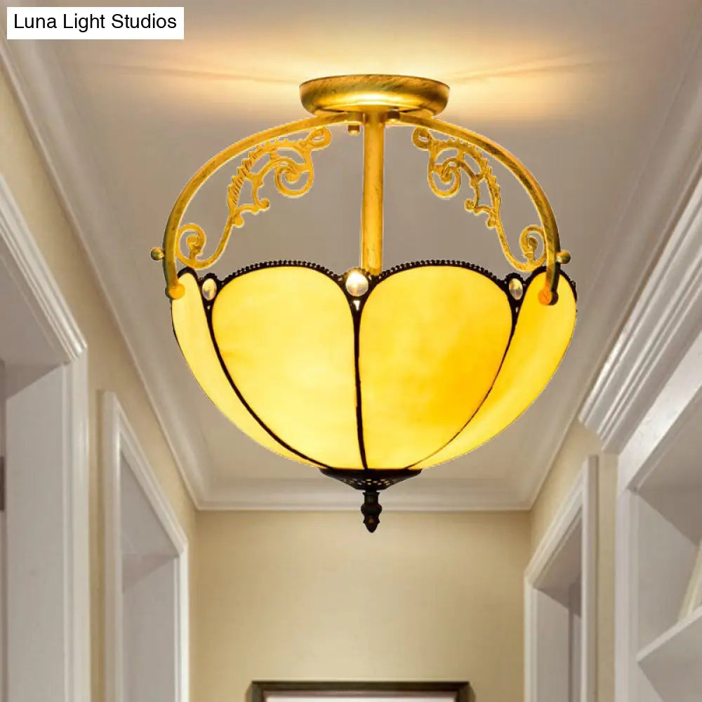 Yellow Tiffany Cut Glass Blossom Ceiling Semi Flush Light Fixture With 2 Lights For Corridor