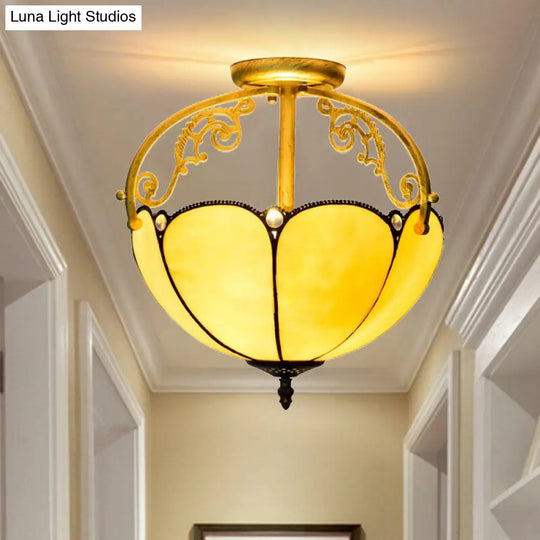 Yellow Tiffany Cut Glass Blossom Ceiling Semi Flush Light Fixture With 2 Lights For Corridor