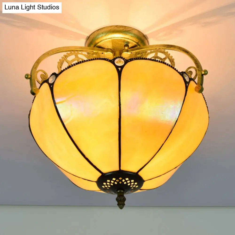 Yellow Tiffany Cut Glass Blossom Ceiling Semi Flush Light Fixture With 2 Lights For Corridor