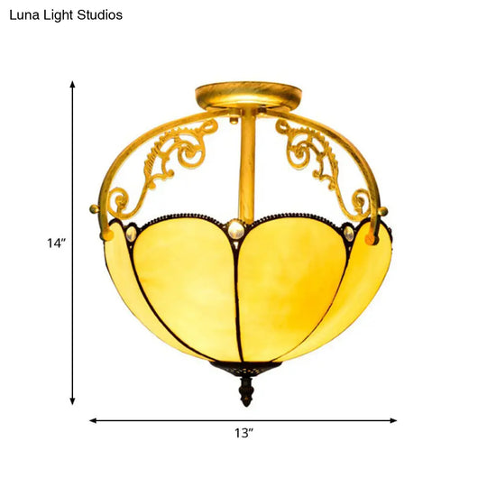 Yellow Tiffany Cut Glass Blossom Ceiling Semi Flush Light Fixture With 2 Lights For Corridor