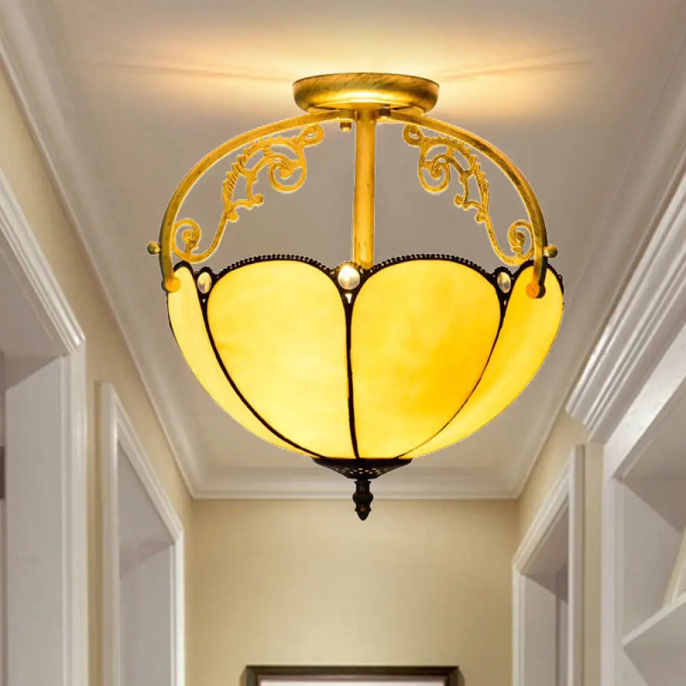 Yellow Tiffany Cut Glass Blossom Ceiling Semi Flush Light Fixture With 2 Lights For Corridor