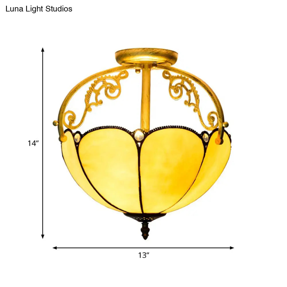 Yellow Tiffany Cut Glass Blossom Ceiling Semi Flush Light Fixture With 2 Lights For Corridor