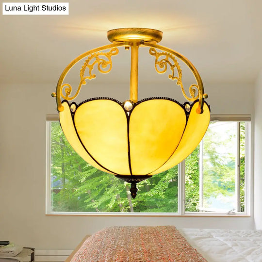 Yellow Tiffany Cut Glass Blossom Ceiling Semi Flush Light Fixture With 2 Lights For Corridor