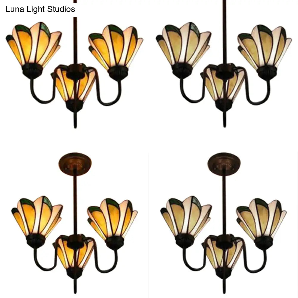 Yellow Tiffany Stained Glass Ceiling Pendant - Conical Hanging Light (Set Of 3) Traditional Design