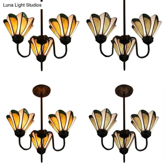 Yellow Tiffany Stained Glass Ceiling Pendant - Conical Hanging Light (Set Of 3) Traditional Design