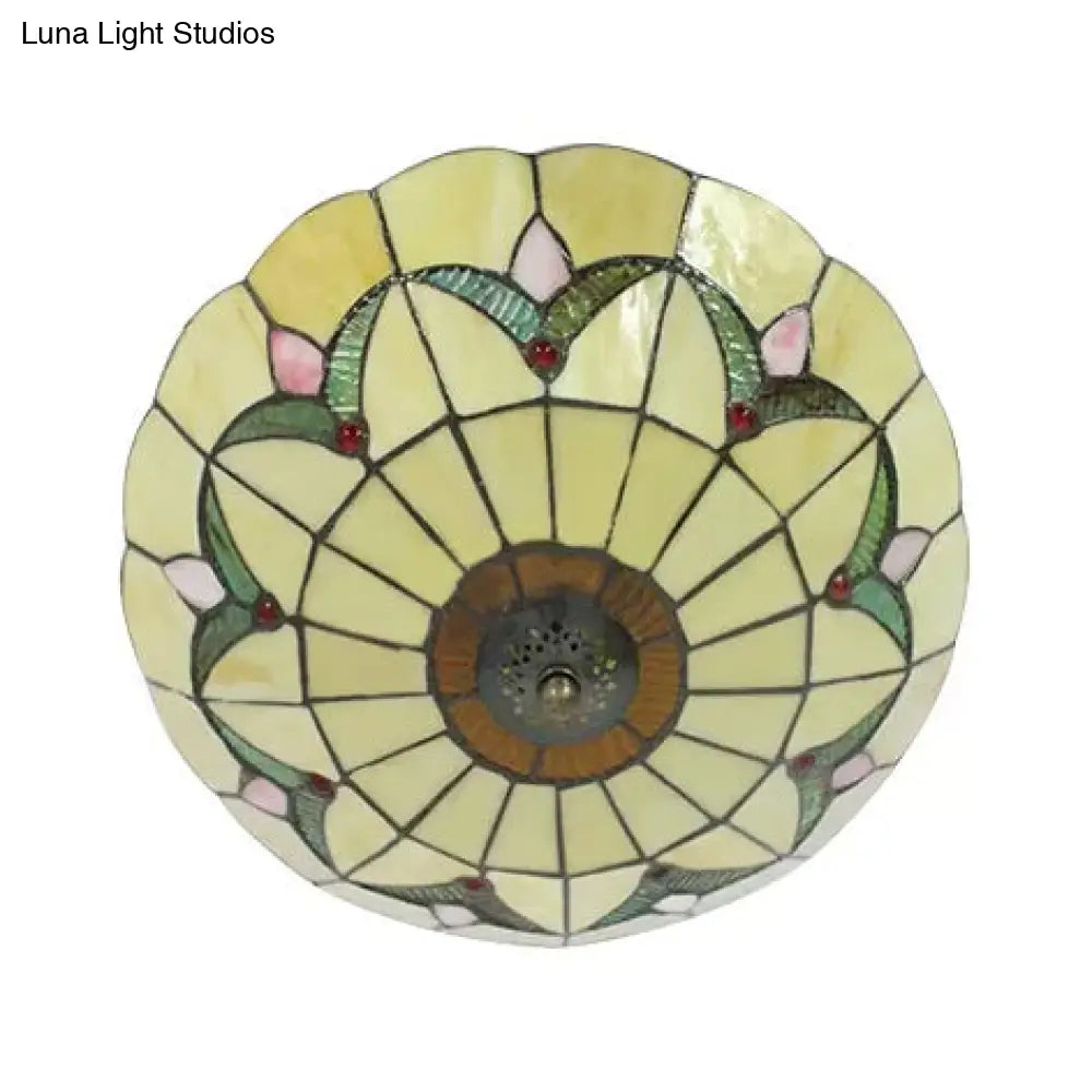 Yellow Tiffany Style Ceiling Light: Bedroom Flushmount Art Glass Bowl Shade