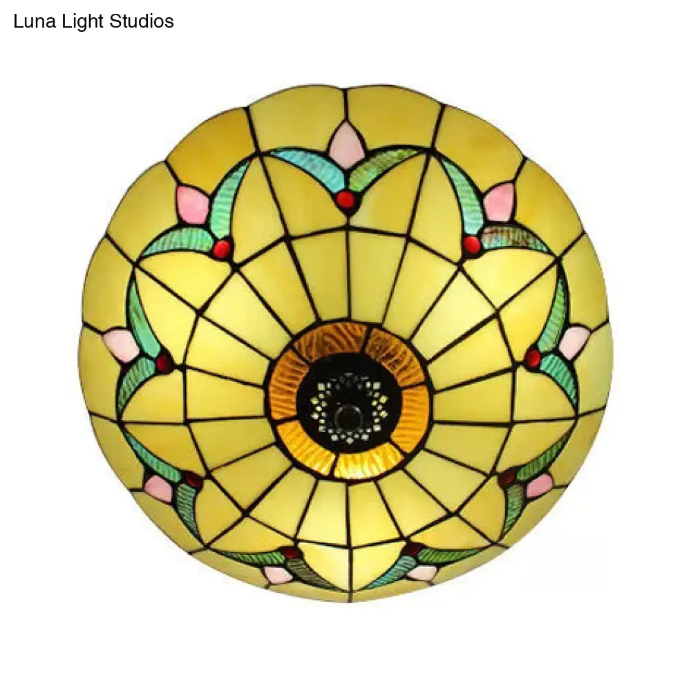 Yellow Tiffany Style Ceiling Light: Bedroom Flushmount Art Glass Bowl Shade