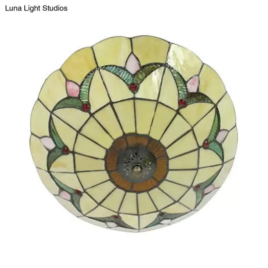 Yellow Tiffany Style Ceiling Light: Bedroom Flushmount Art Glass Bowl Shade