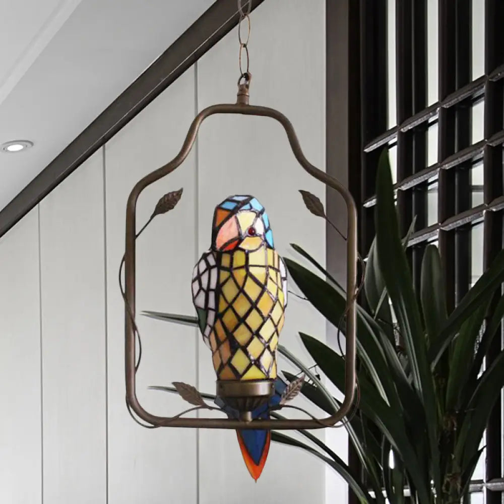 Yellow Tiffany Style Parrot Shaped Wall Sconce Light - Hand Cut Glass Perch Swing Included