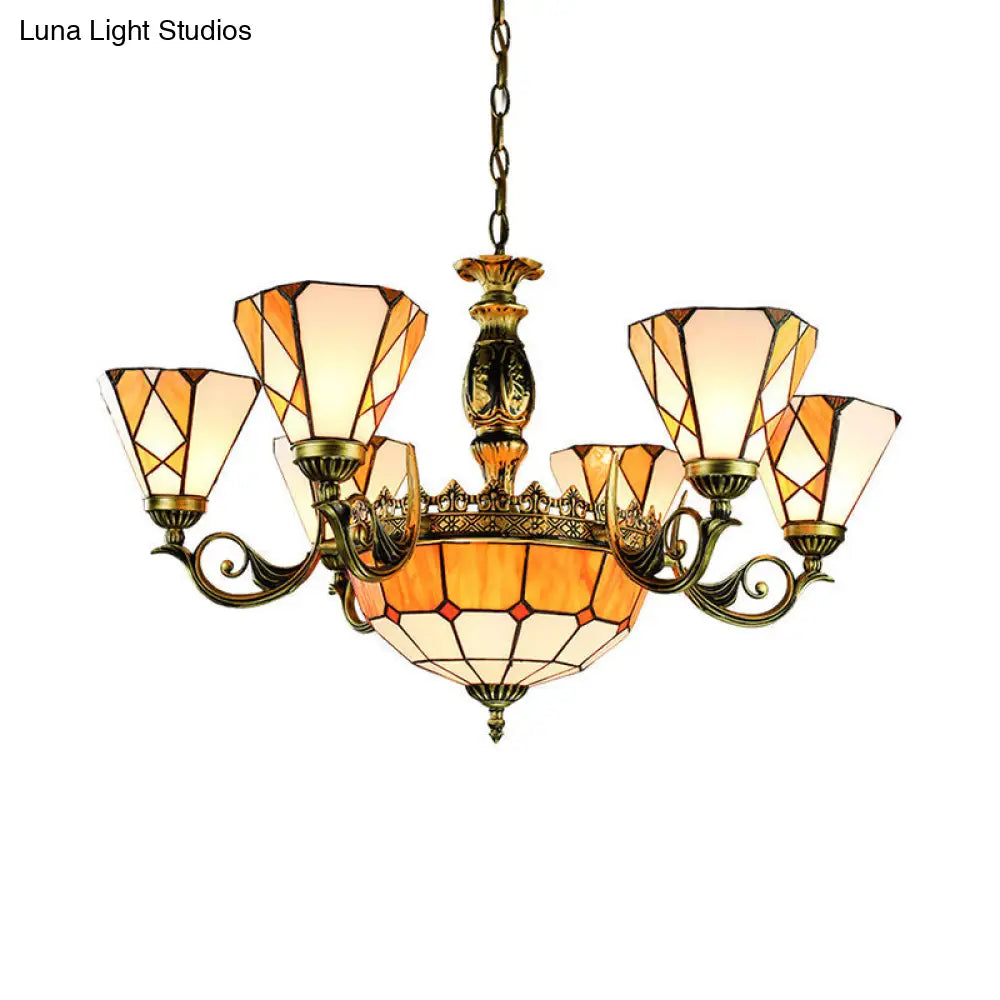 Tiffany-Style Yellow Stained Glass Pendant Lamp - 9 Lights For Bedroom Ceiling