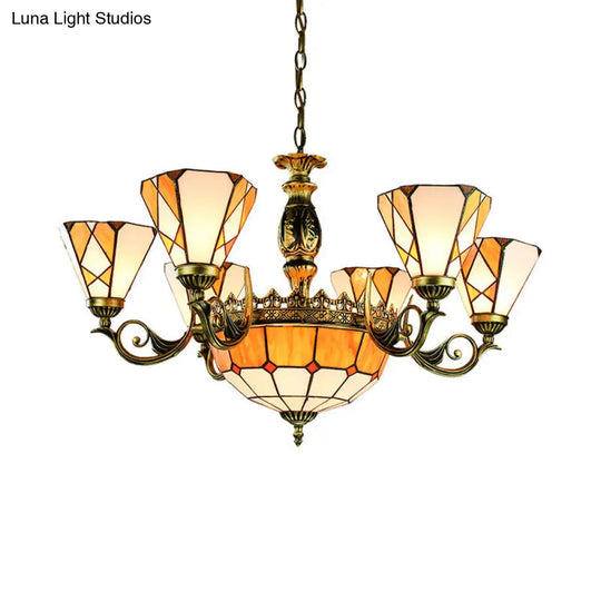 Tiffany-Style Yellow Stained Glass Pendant Lamp - 9 Lights For Bedroom Ceiling