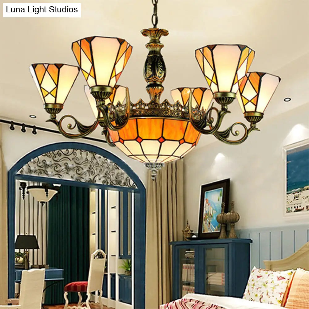 Tiffany-Style Yellow Stained Glass Pendant Lamp - 9 Lights For Bedroom Ceiling